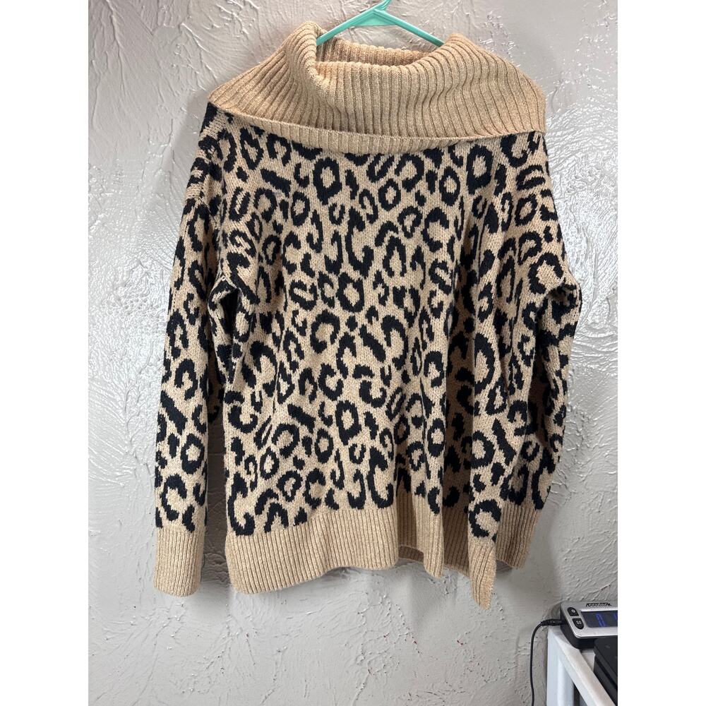 Rachel Zoe Leopard Animal Print Cowl Neck Sweater Tan‎ Black Size Medium NWT